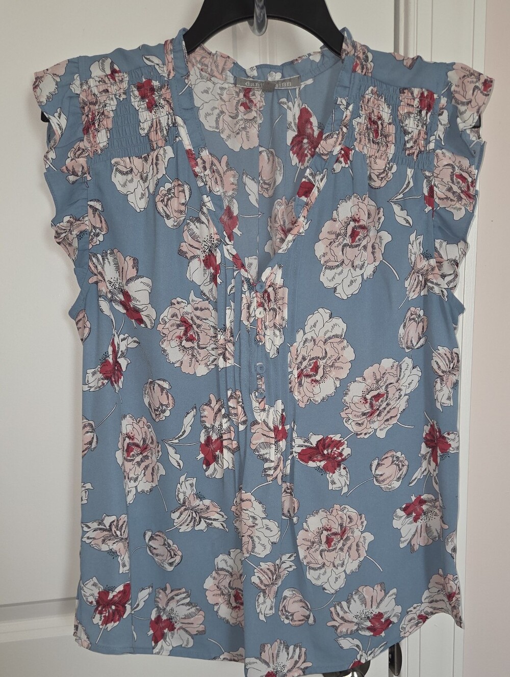 Daniel Rainn Slate Blue Floral Ruffle Sleeve Pintuck V-Neck Blouse - Size M